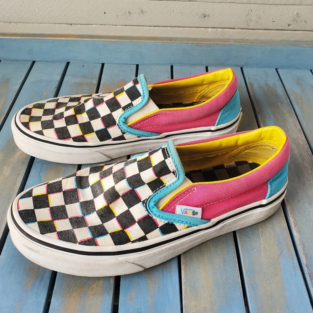 VANS Checkerboard Slip-On Black White Pink Blue Yellow Women's Size 6 - Picture 4 of 10